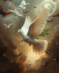A captivating surreal motion painting depicts a dove, blurred in dynamic motion, carrying an olive branch as it flies through