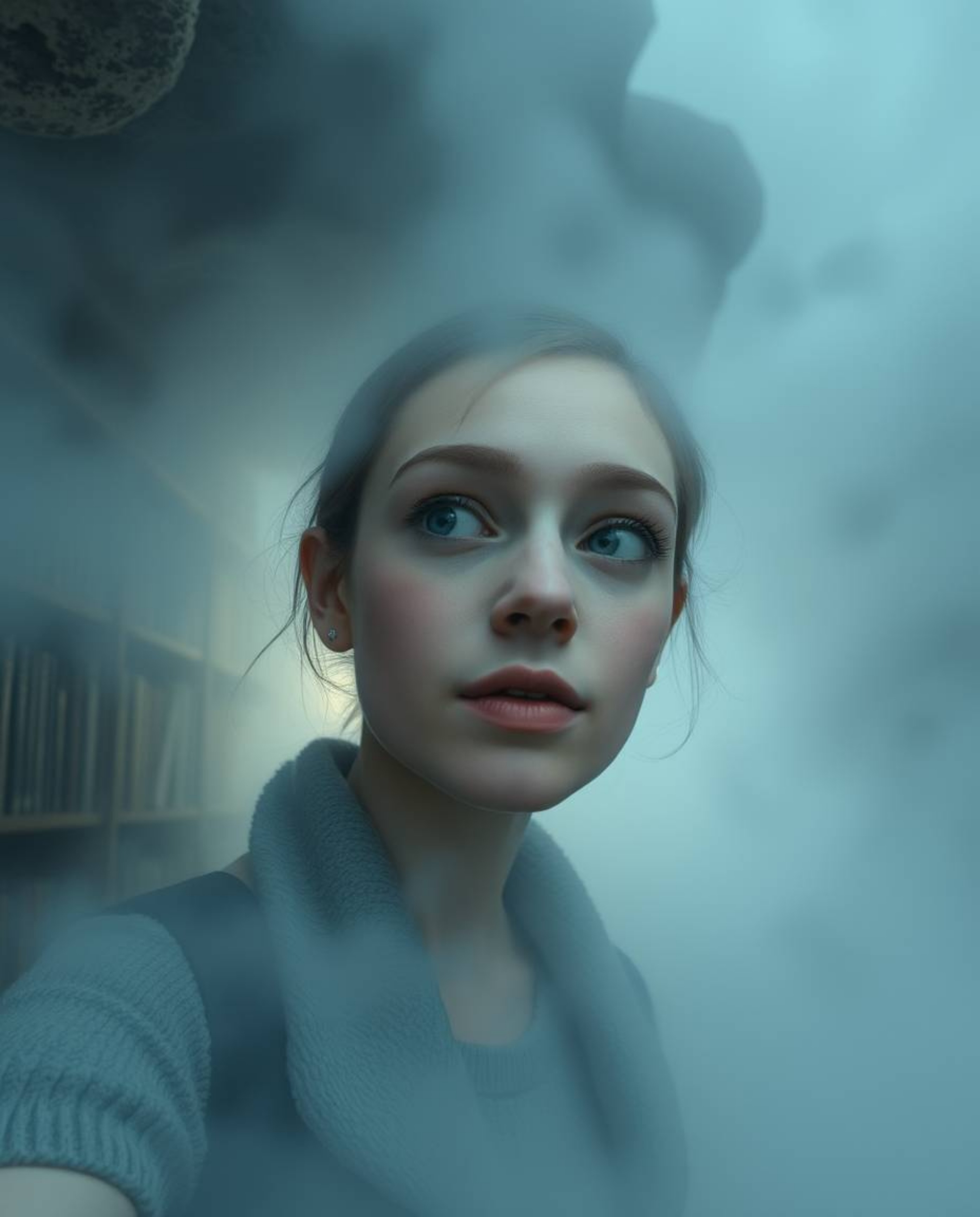 A person with fair skin and a curious expression stumbles upon a hidden underground library, rendered in soft pastel colors a