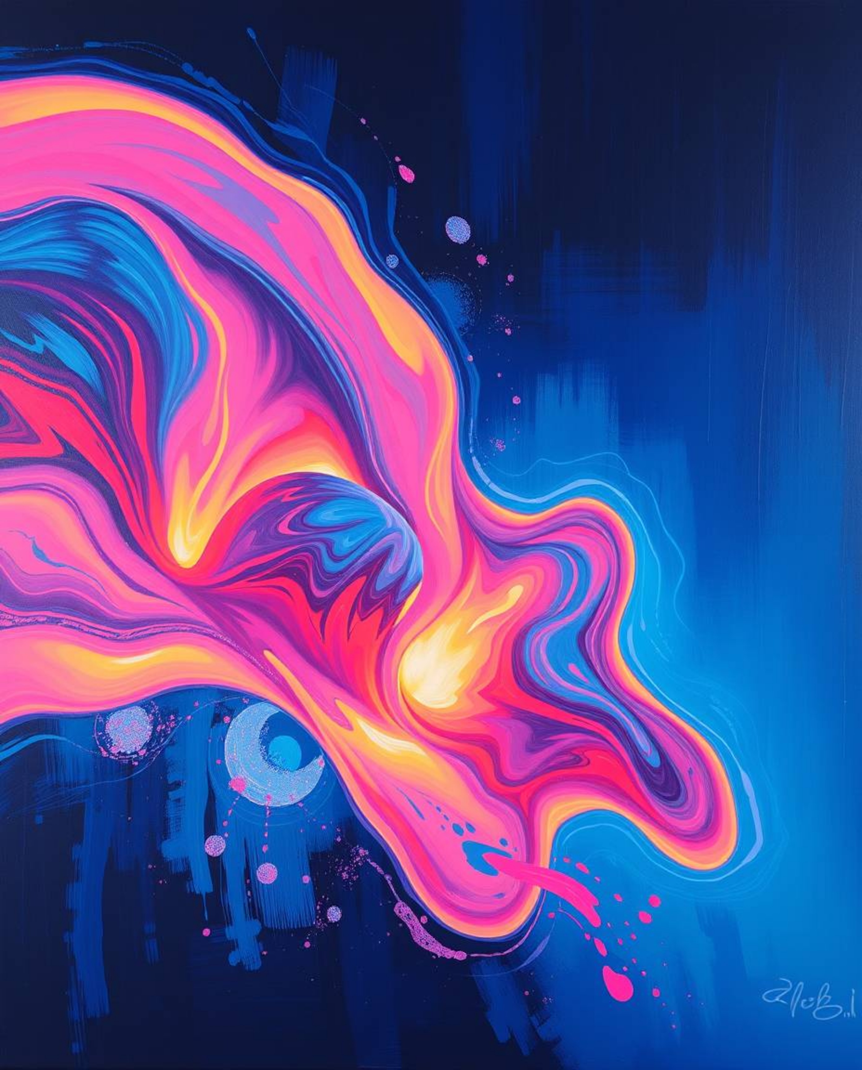 A bold acrylic painting featuring surreal infrared tones and futuristic 3D fluid shapes with captivating glowing edges. Set a