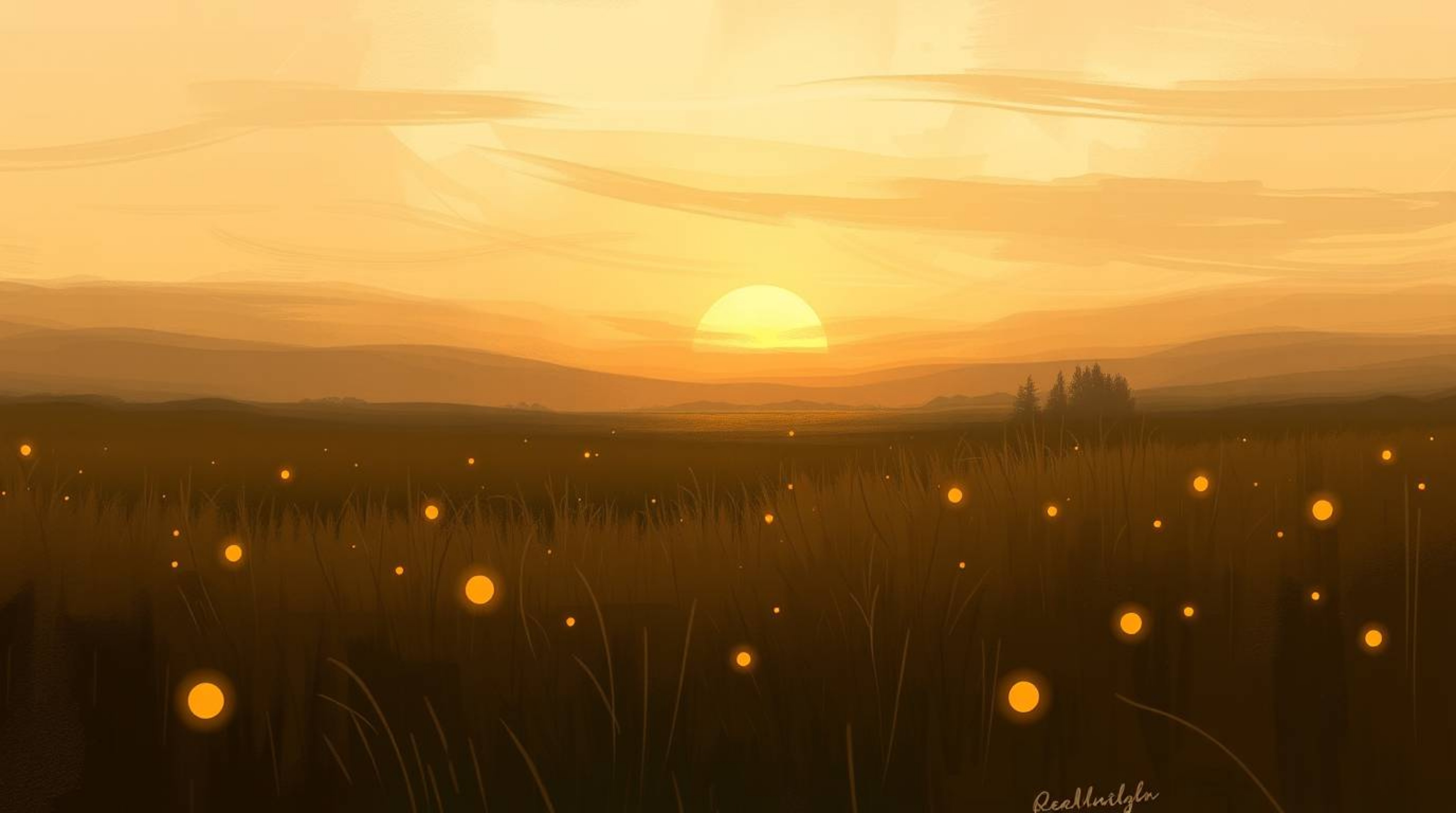 A digital painting capturing a sunset over a serene meadow, where fireflies are beginning to emerge, is brought to life throu
