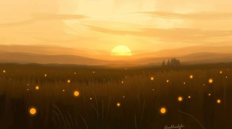 A digital painting capturing a sunset over a serene meadow, where fireflies are beginning to emerge, is brought to life throu