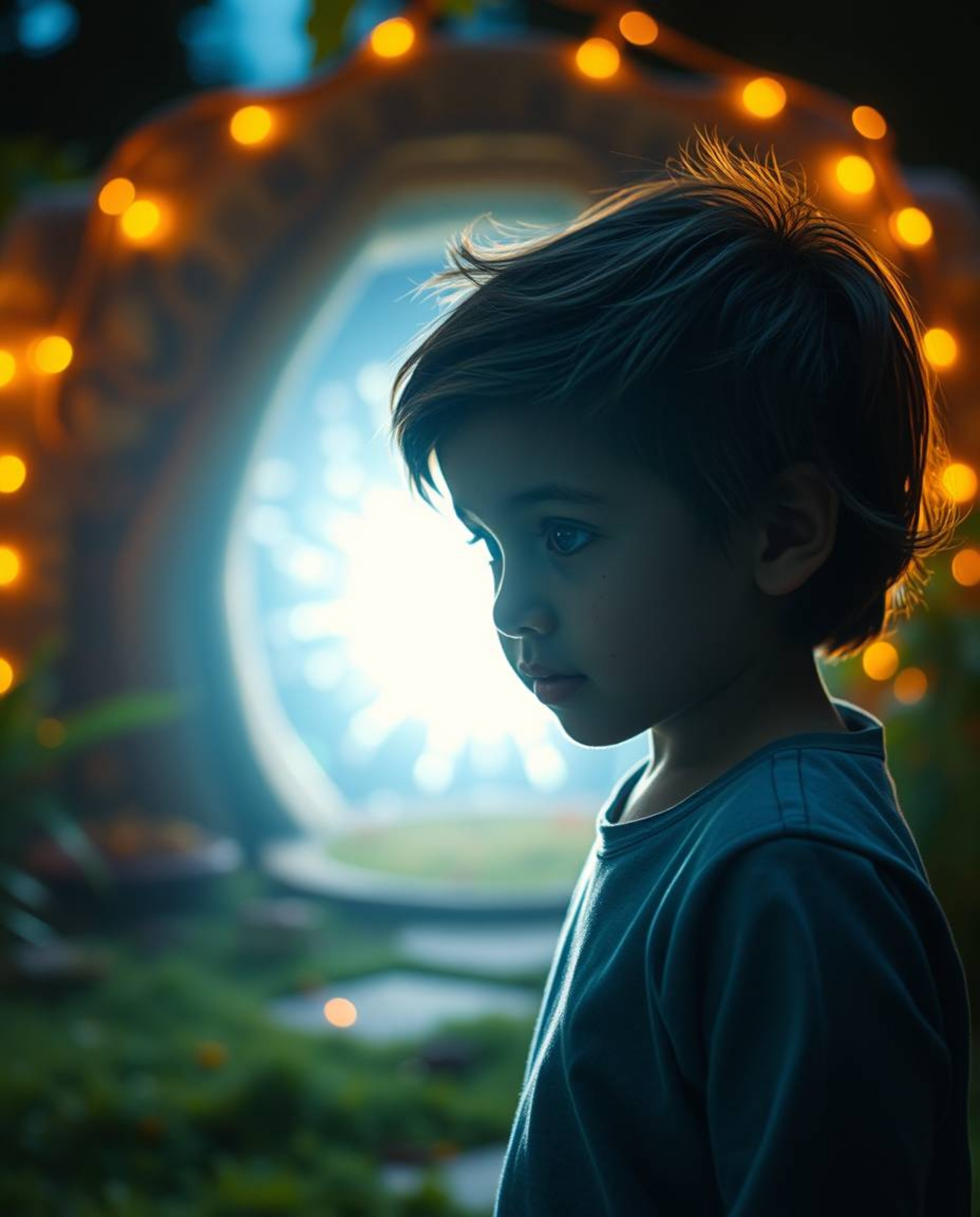 In a dramatic cinematic style, a child with freckles stumbles upon a magical portal hidden within their backyard. The scene i