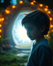 In a dramatic cinematic style, a child with freckles stumbles upon a magical portal hidden within their backyard. The scene i