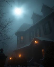 This image captures an extreme macro close-up of a fog-covered Victorian mansion bathed in moonlight. The focus is drawn to t