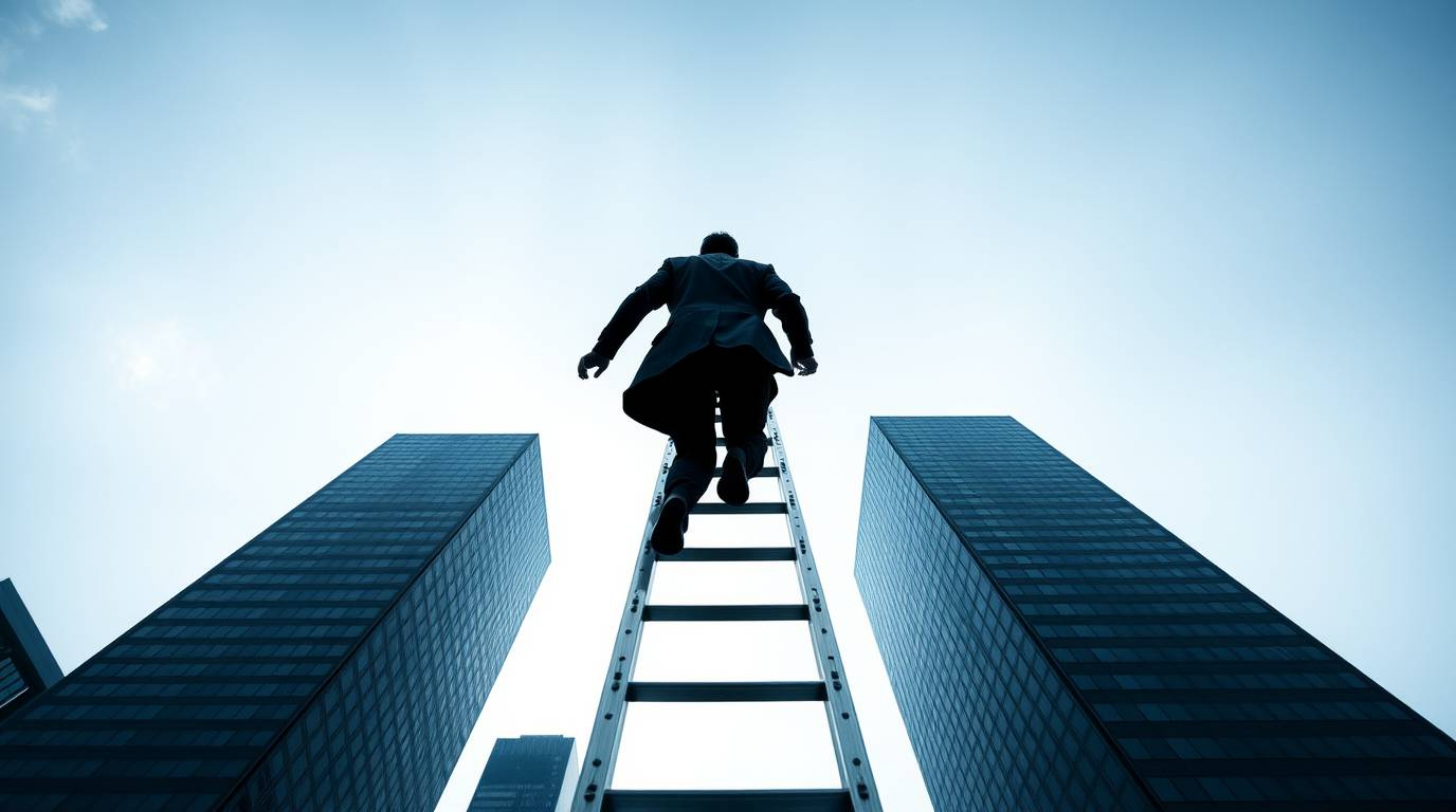 A timeless and elegant black and white photograph depicts a businessperson ascending a transparent ladder that disappears int