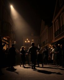 This artwork depicts a vibrant musical number taking place in a brightly lit town square, rendered in striking jet black with
