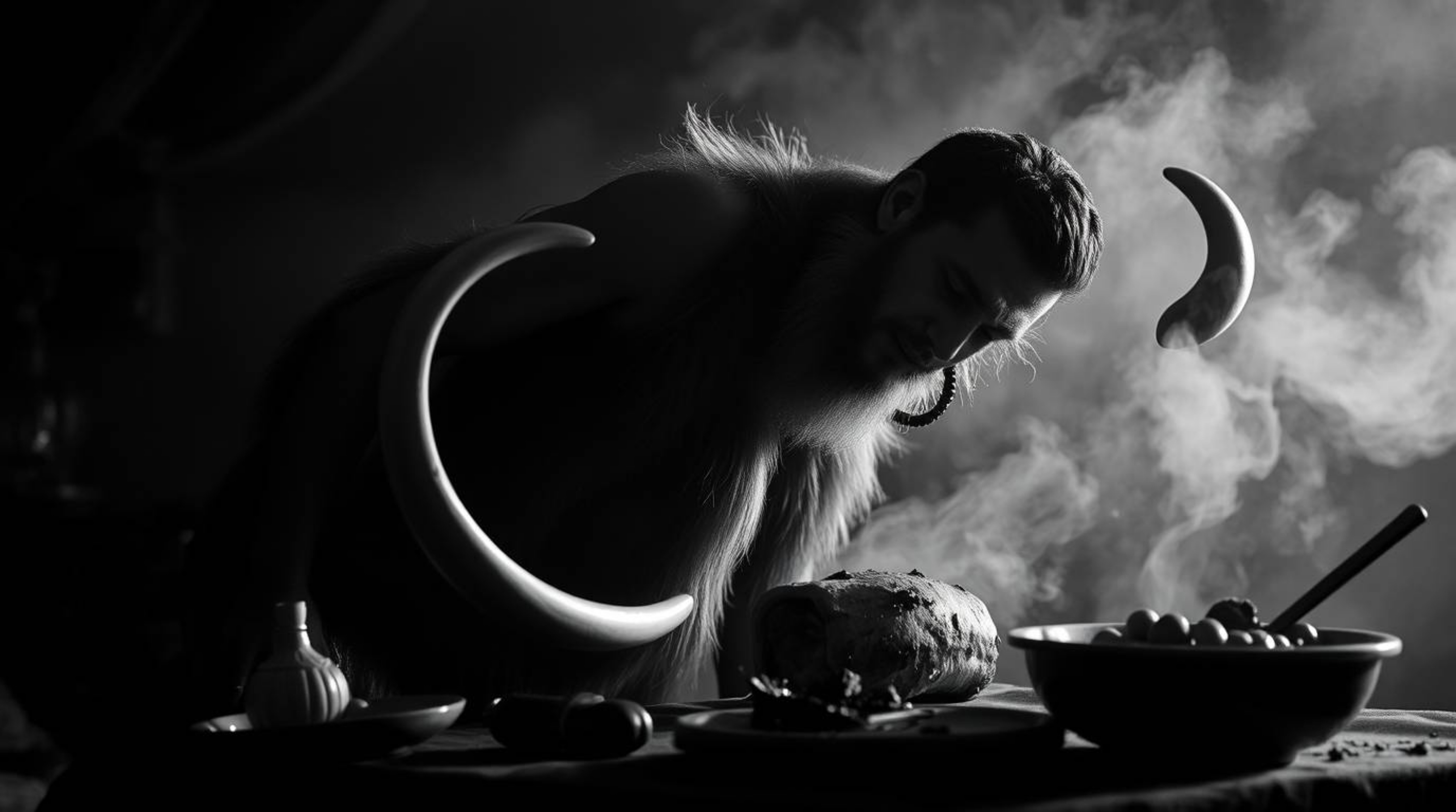 Explore the captivating contrast of classic black and white, coupled with a soft, dreamy atmosphere reminiscent of caveman co