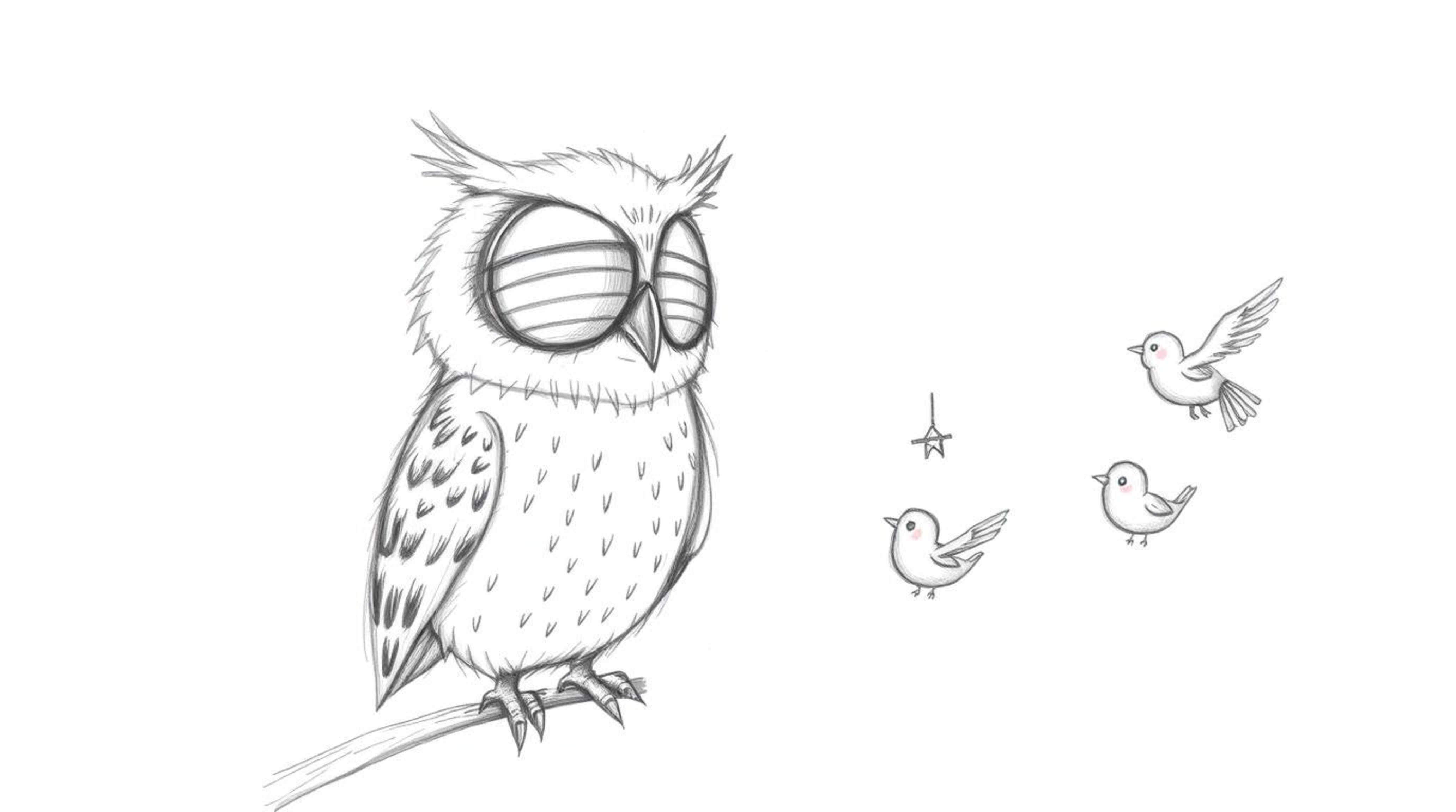 A whimsical hand-drawn sketch in the style of Pixar depicts a blind owl with soft, feathery textures, imparting its wisdom by