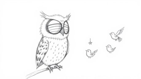 A whimsical hand-drawn sketch in the style of Pixar depicts a blind owl with soft, feathery textures, imparting its wisdom by