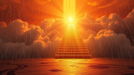 A captivating image depicts a golden staircase ascending through clouds towards a radiant heaven. Sunlight pierces the sky, c