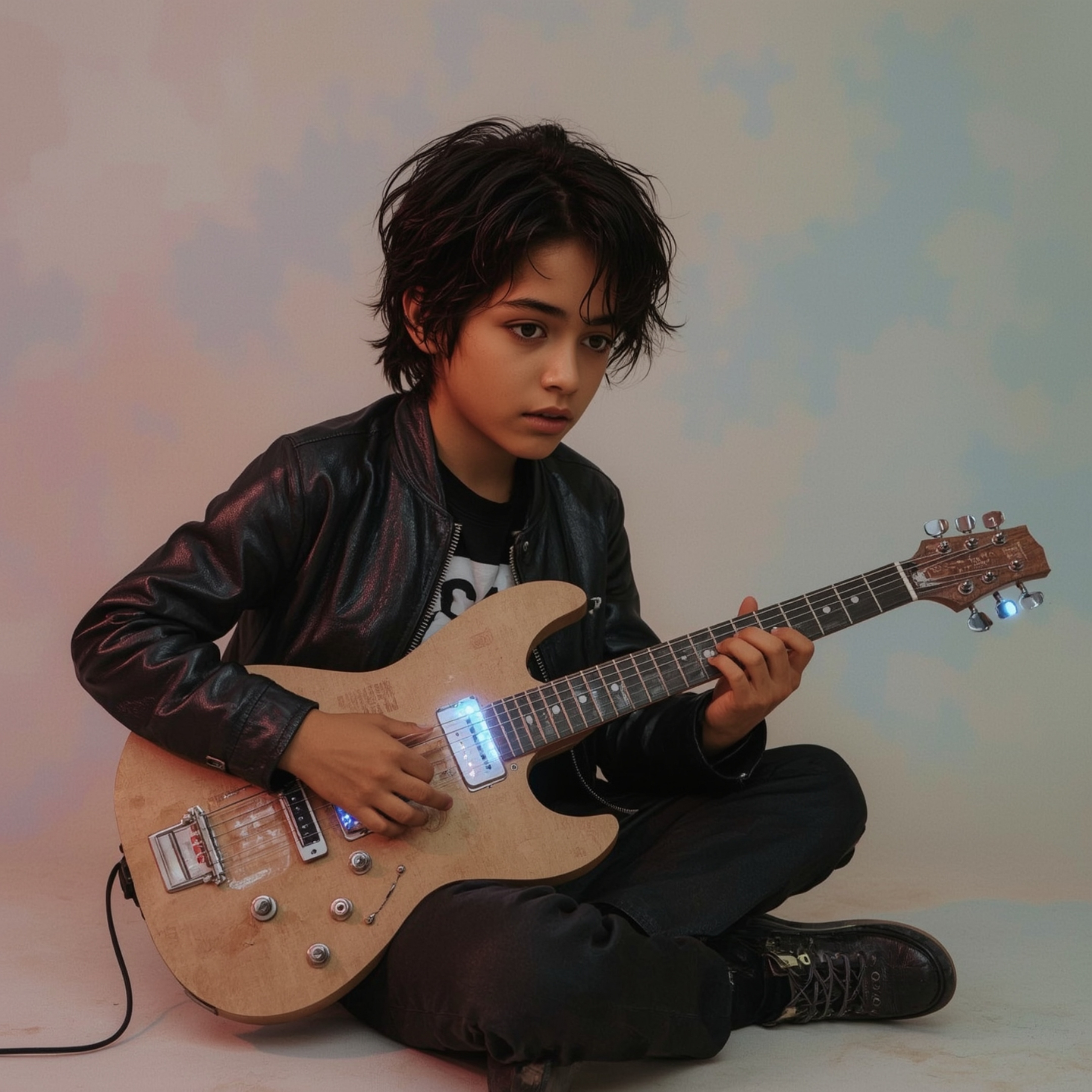 Discover a dreamy, imaginative image of a stylish boy with distinctive features, building a functional cardboard spaceship in