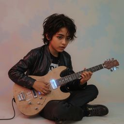 Discover a dreamy, imaginative image of a stylish boy with distinctive features, building a functional cardboard spaceship in
