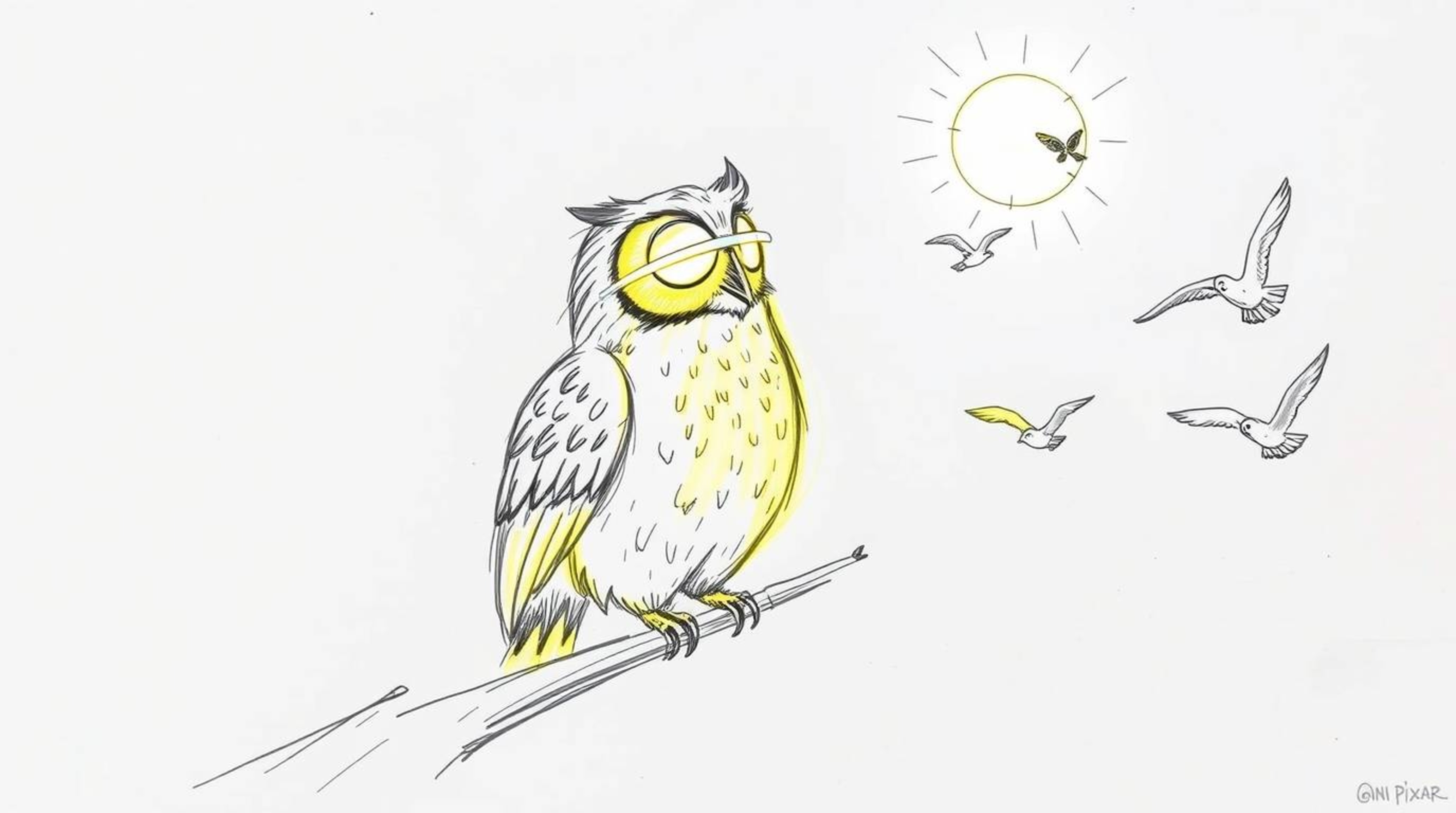 A hand-drawn sketch reminiscent of Pixar, featuring a blind owl with radiant, glowing feathers catching a sunbeam, dedicated 