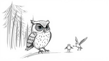 A charming Pixar-style hand-drawn sketch depicts a blind owl with expressive eyes, patiently guiding a flock of birds in flig