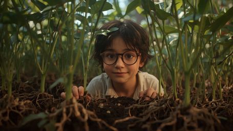 In a vibrant, whimsical photograph resembling a cinematic still, a gentle, bespectacled homeschooled genius stands amidst a l