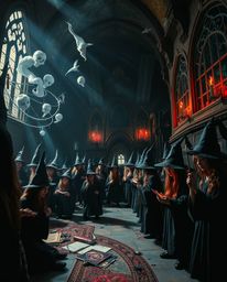 Immerse yourself in a dreamlike and surreal depiction of a magical school teeming with young wizards.  This captivating image