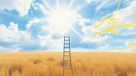 A minimalist scene featuring a silver ladder standing in a wide open field beneath a cloudy sky, rendered in a bold acrylic p