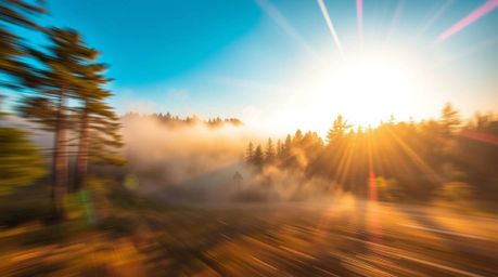 Experience the magic of a misty forest at golden hour with this dynamic motion photograph.  Bright lens flares and light stre