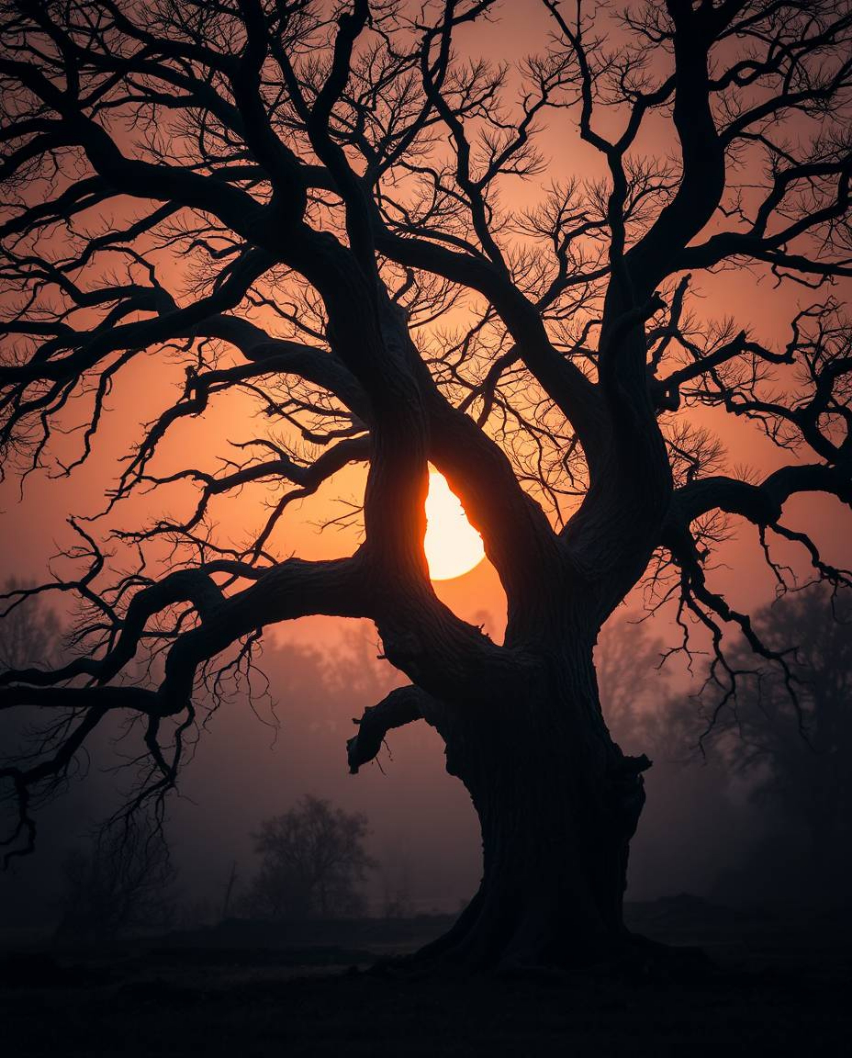A cinematic image of a sunset behind an old oak tree with twisted branches, creating an eerie, creepy atmosphere through the 