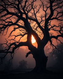 A cinematic image of a sunset behind an old oak tree with twisted branches, creating an eerie, creepy atmosphere through the 