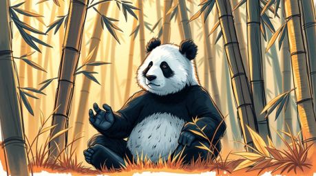 A serene digital artwork depicting a martial artist panda in deep meditation within a lush bamboo forest, rendered in a hand-