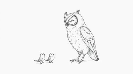 A heartwarming scene depicts a blind owl, rendered in the style of Pixar animation, intently guiding small birds learning to 