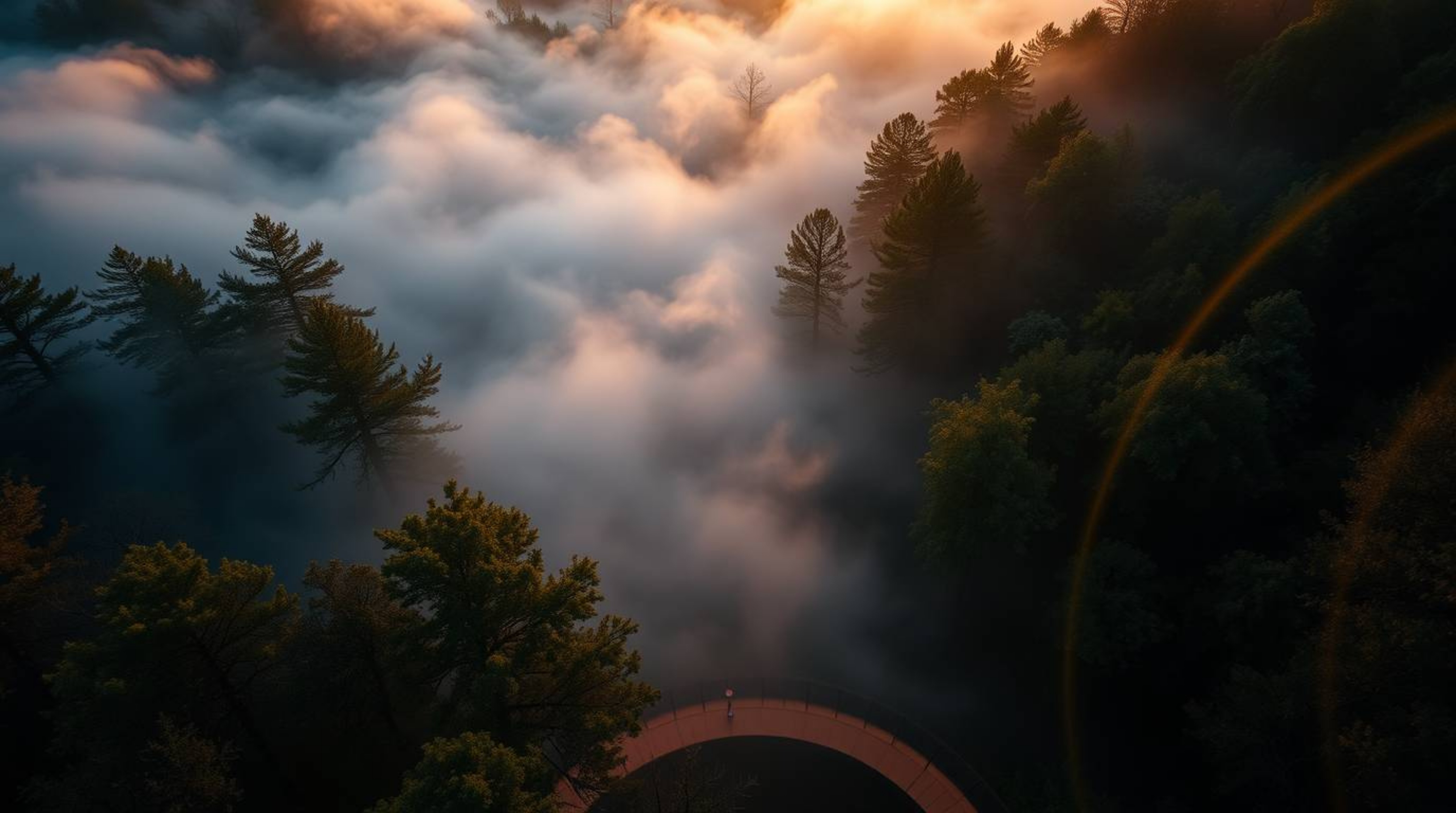 Explore the mesmerizing beauty of creative light art with a high angle perspective, capturing mist rising from a forest durin