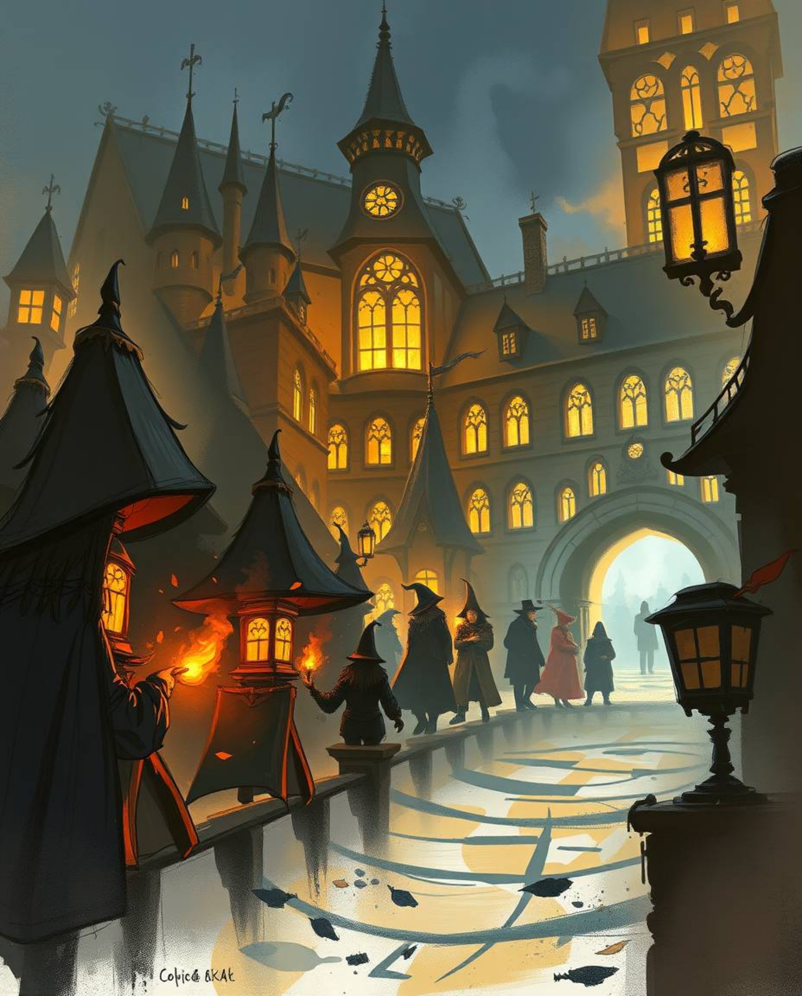 Experience the magic with this unfinished concept art depicting a magical school filled with young wizards. This digital sket