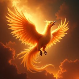 Witness a majestic celestial phoenix, a creature of breathtaking beauty.  Its intricately detailed, iridescent golden feather