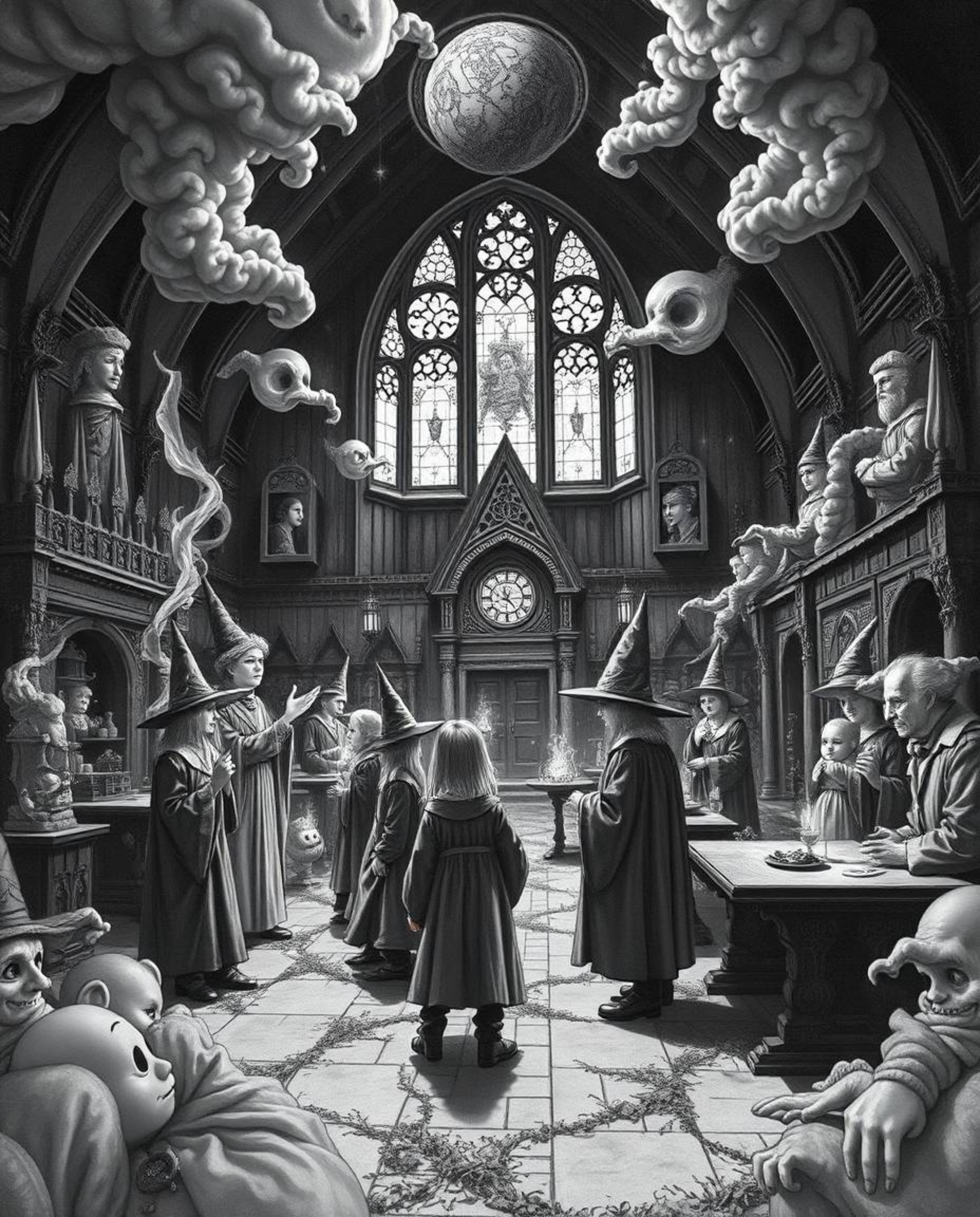 A dreamlike and surreal black and white image of a magical school teeming with young wizards. The scene is filled with fantas