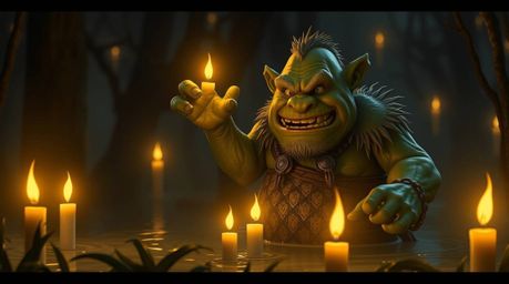 A captivating scene unfolds within a swamp, illuminated by the warm glow of candlelight. An ogre, surprisingly friendly in ex