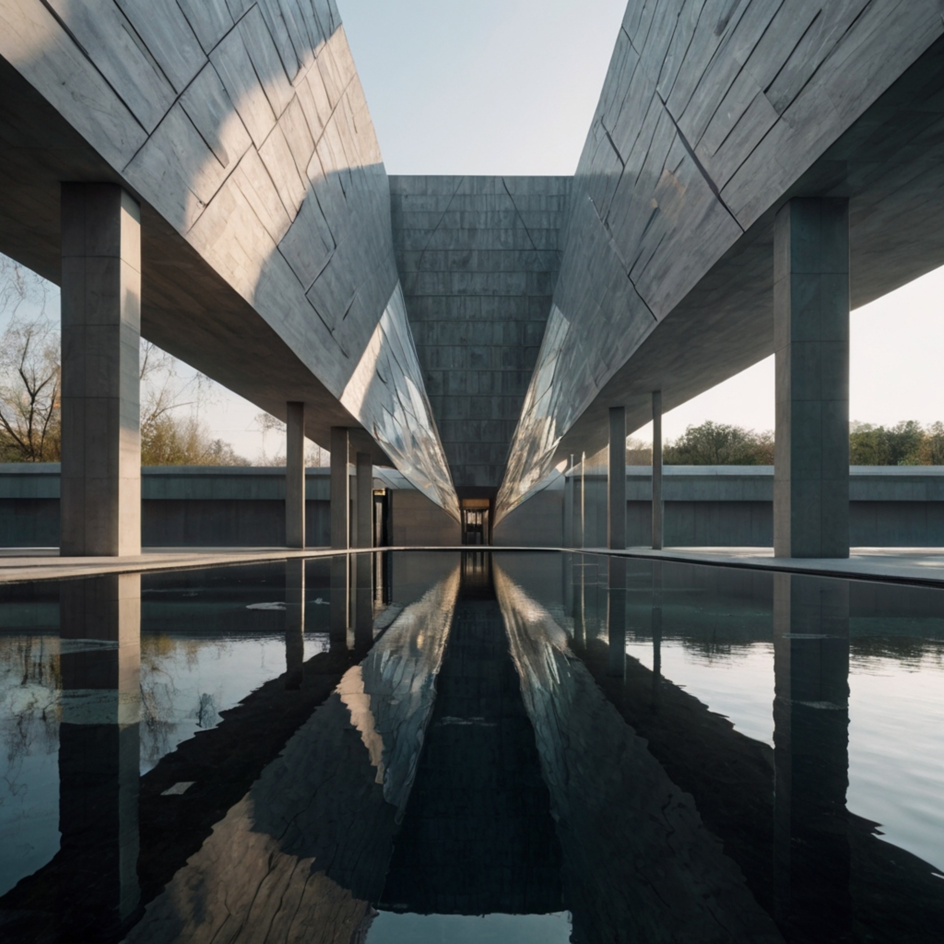 Explore a stunning modern art museum featuring sleek geometric angles and contemporary design. Surrounded by serene reflectiv