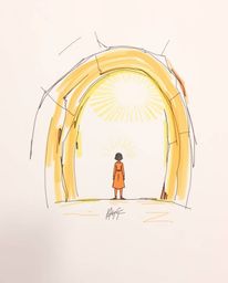 A captivating hand-drawn sketch depicts a radiant figure standing at the edge of a tunnel, gazing towards a warm golden light