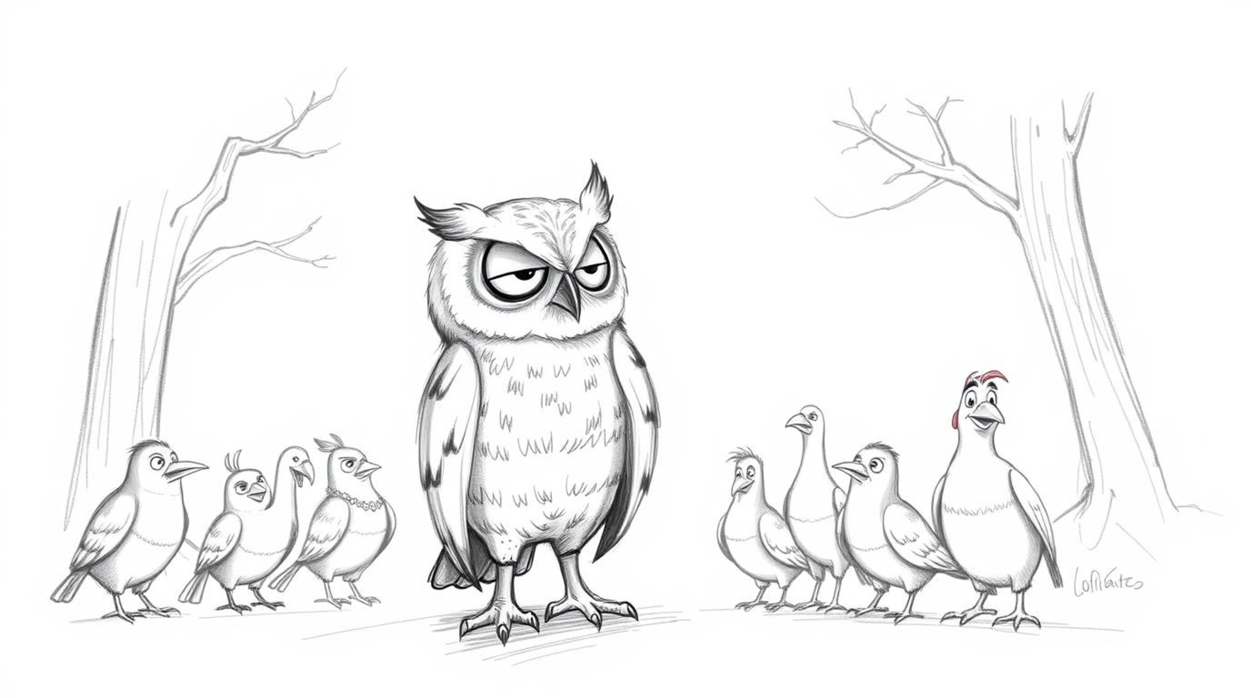 A captivating hand-drawn pencil sketch depicts a blind owl with expressive posture and soft feathers, training a diverse grou