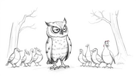 A captivating hand-drawn pencil sketch depicts a blind owl with expressive posture and soft feathers, training a diverse grou
