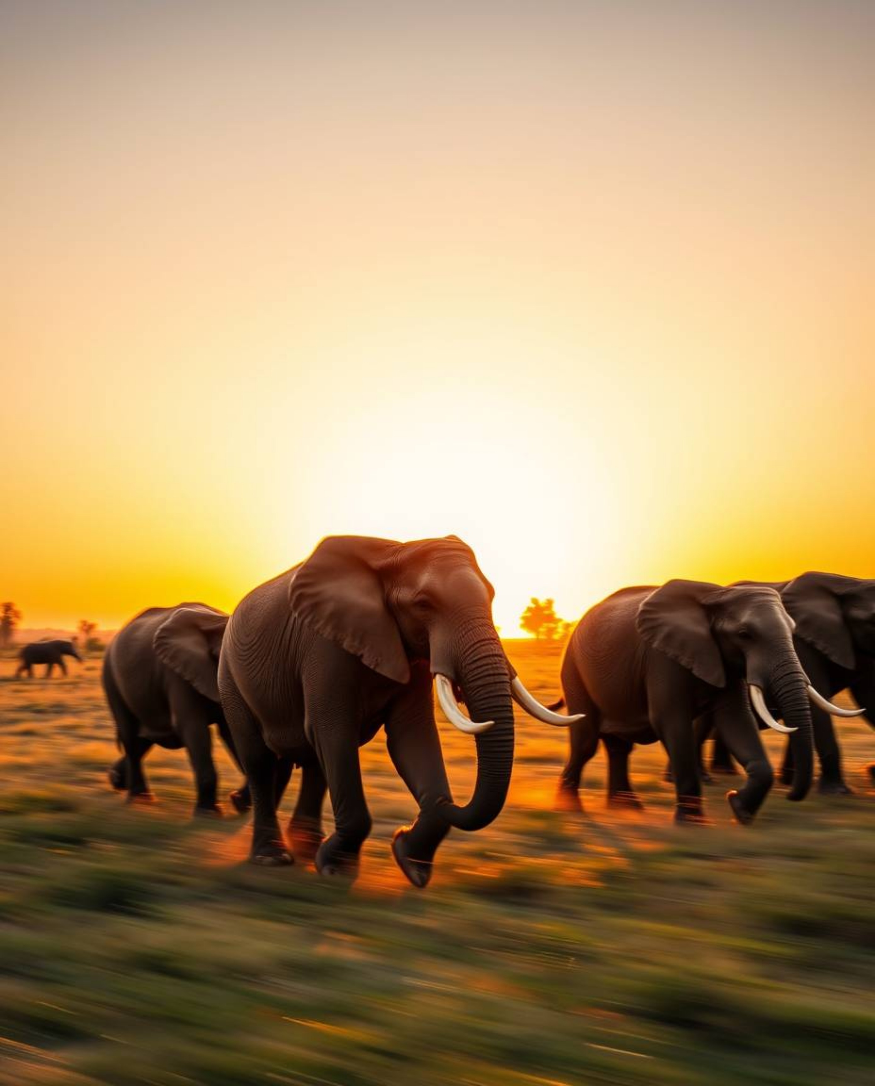 A scene of dynamic motion with a warm golden glow, featuring blurred lines and action poses to create a radiant and luxurious