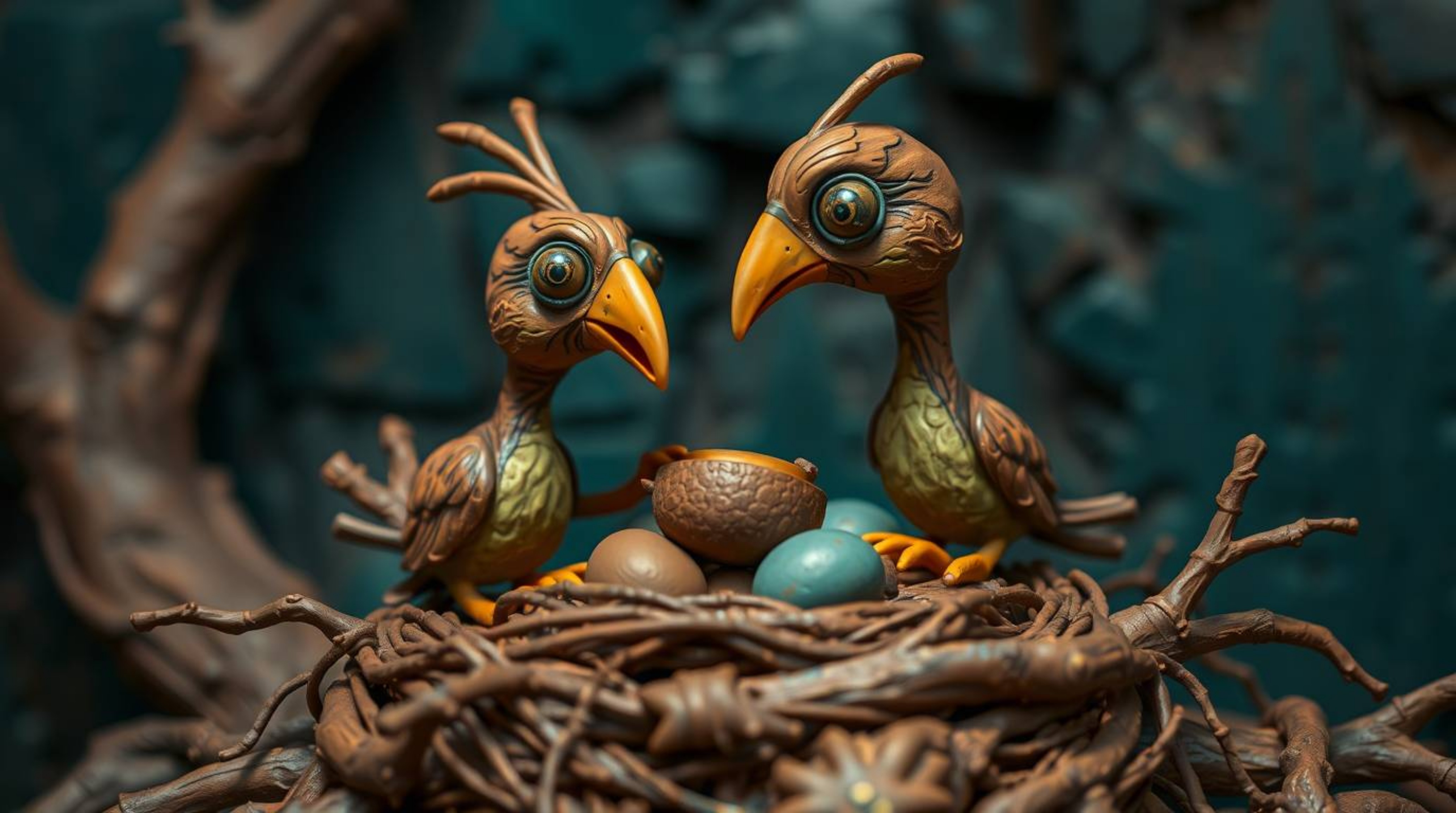 Explore a fascinating fusion of sculptural clay art featuring the warmth of terracotta contrasted with cool teal, creating an