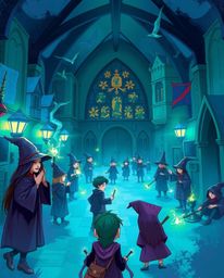 Immerse yourself in a magical school brimming with young wizards, captured in a stunning painterly style. The artwork feature