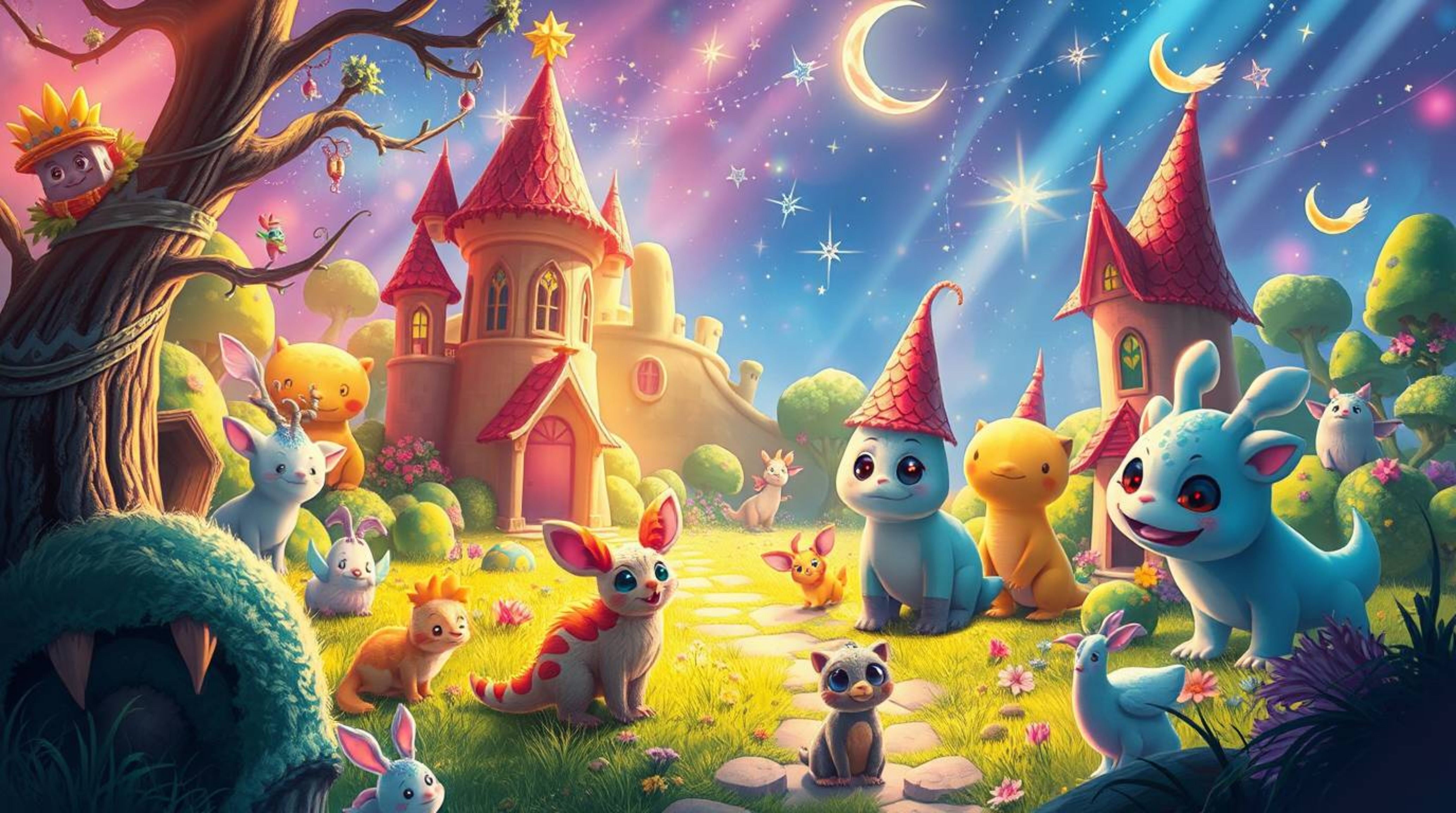 Immerse yourself in a digital painting of an adorable fantasy kingdom brimming with quirky magical creatures. Bright, vivid e