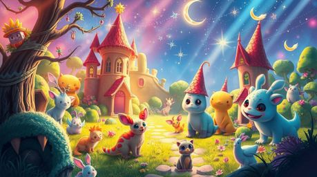 Immerse yourself in a digital painting of an adorable fantasy kingdom brimming with quirky magical creatures. Bright, vivid e
