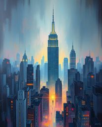 Explore a classic oil painting rendition of a glitchy digital landscape, featuring distorted skyscrapers and static noise ren