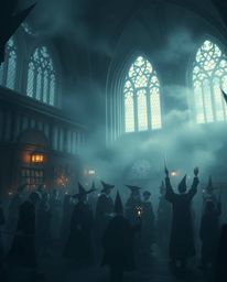 Immerse yourself in a dreamy and moody depiction of a magical school teeming with young wizards. The scene emphasizes a soft 