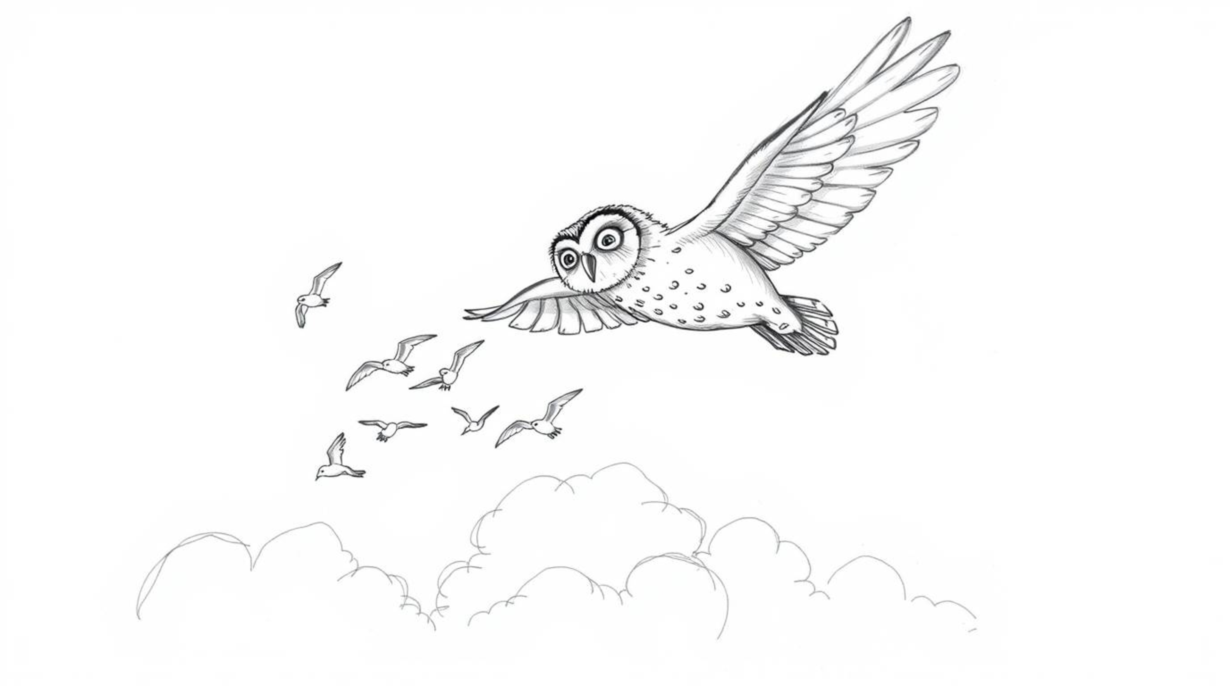 A hand-drawn sketch in the style of Pixar portrays a blind owl, its soft feathers catching the light as it soars above fluffy