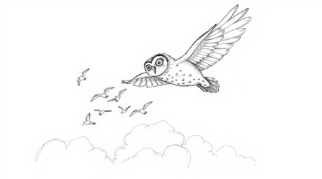 A hand-drawn sketch in the style of Pixar portrays a blind owl, its soft feathers catching the light as it soars above fluffy