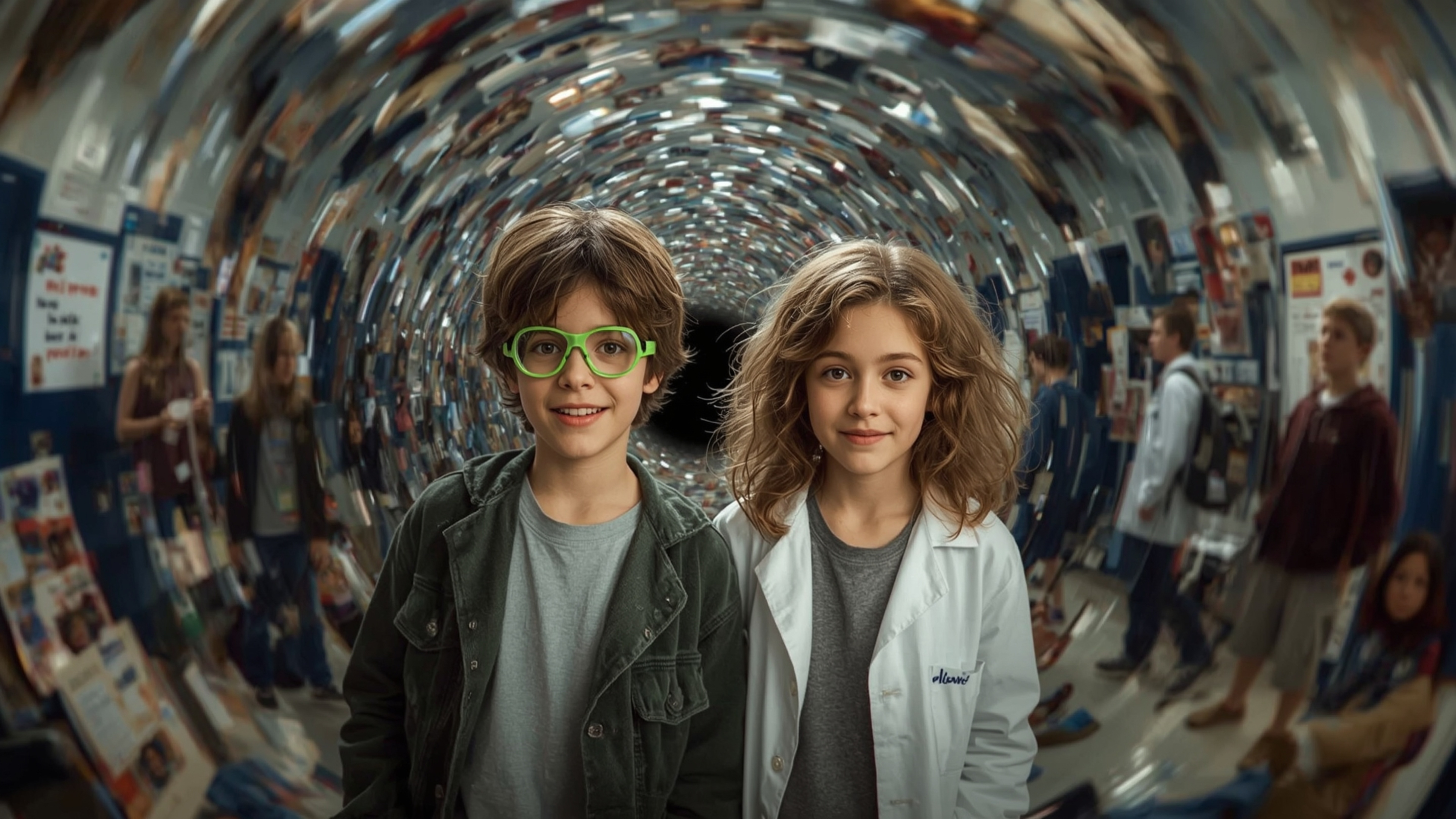 In a cinematically composed, high-contrast photograph, two enthusiastic science fair students, a boy with messy brown hair an