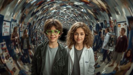 In a cinematically composed, high-contrast photograph, two enthusiastic science fair students, a boy with messy brown hair an