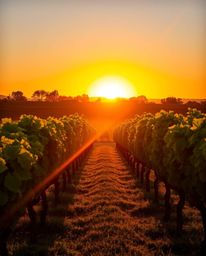 This image captures a dramatic sunset over a vineyard, defined by harsh sunlight and intense lighting. This creates a high-co