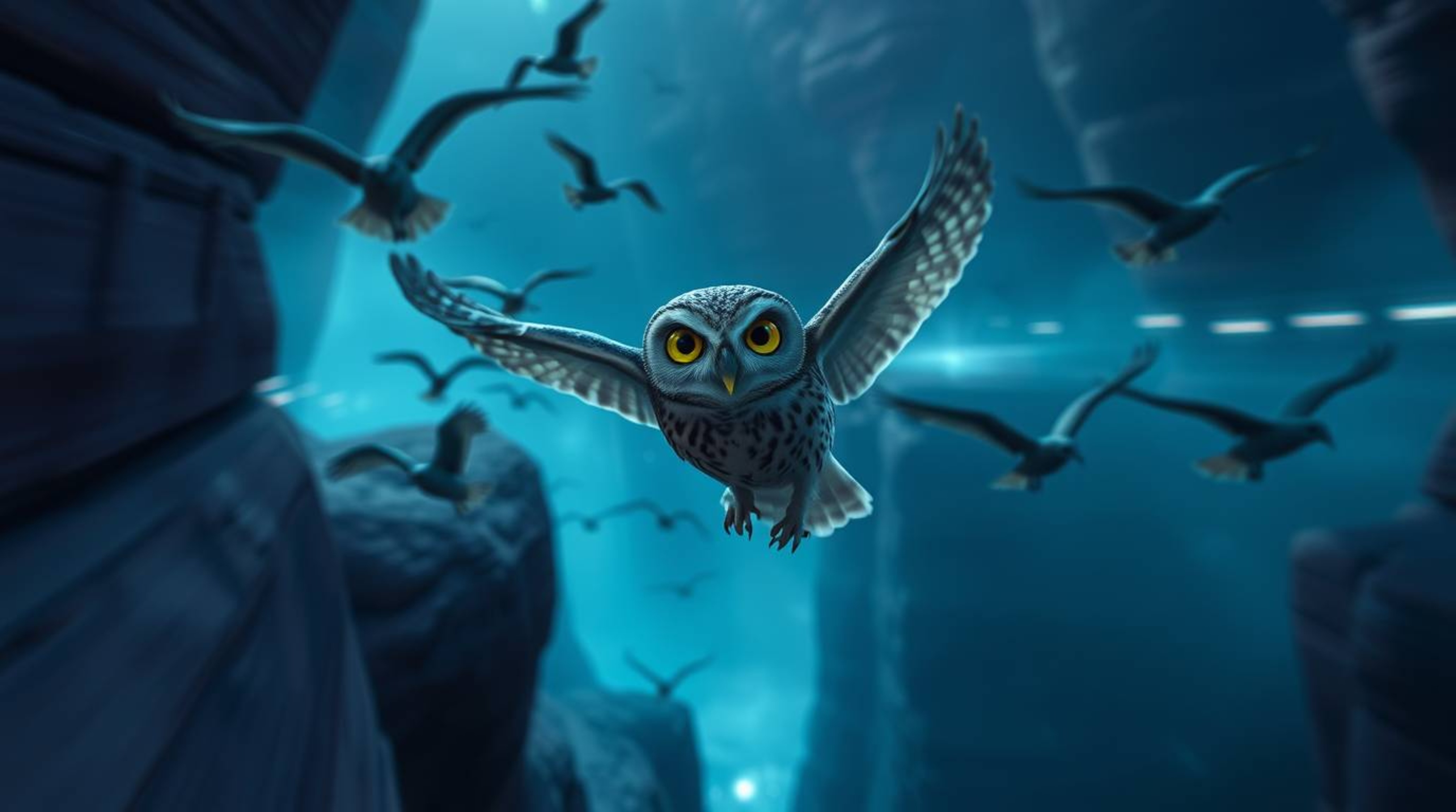 This cinematic, long-exposure photograph, rendered in a captivating Pixar style, features a blind owl guiding birds in flight