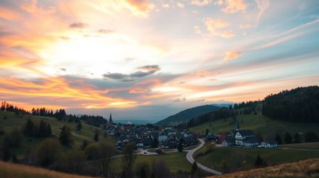 A logo inspired by extreme macro close-up photography, portraying a cozy village nestled in a valley beneath a colorful sky.