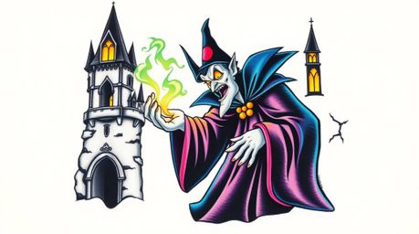 A captivating traditional tattoo art print showcases a classic Disney villain casting a spell within an ancient castle. The